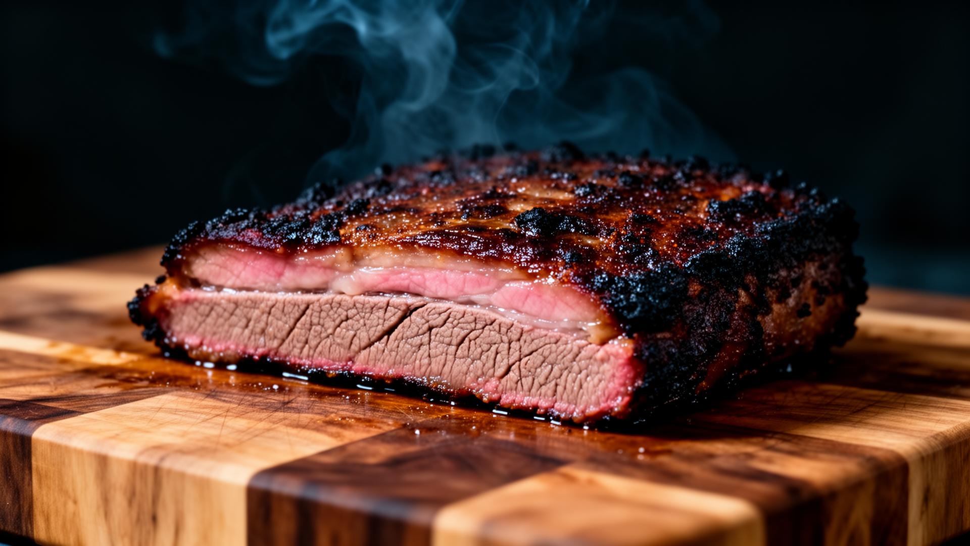 Slow-smoked brisket with deep mahogany bark